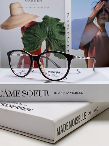 Burberry Round Tortoiseshell Optical Glasses with Check Temples