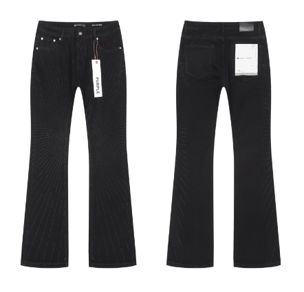 Black Flared Denim Jeans with Sunburst Rhinestone Pattern