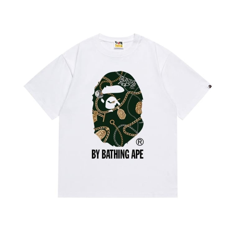 White BAPE T-Shirt with Gold Chain Print Ape Head and "BY BATHING APE" Logo