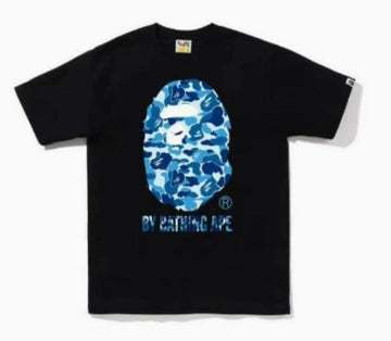 Black BAPE T-Shirt with Blue Camo Ape Head and "BY BATHING APE" Logo