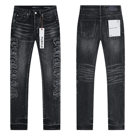 Black Washed Slim Denim Jeans with Gothic "PURPLE" Lettering Embroidery