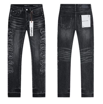 Black Washed Slim Denim Jeans with Gothic "PURPLE" Lettering Embroidery
