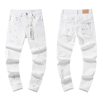 White Slim Denim Jeans with Black Paint Splatter and Light Distressing