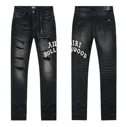 Black Washed Distressed Denim Jeans with AMIRI HOLLYWOOD Logo