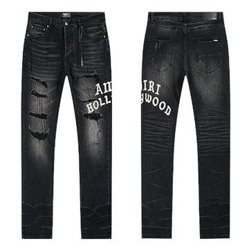 Black Washed Distressed Denim Jeans with AMIRI HOLLYWOOD Logo