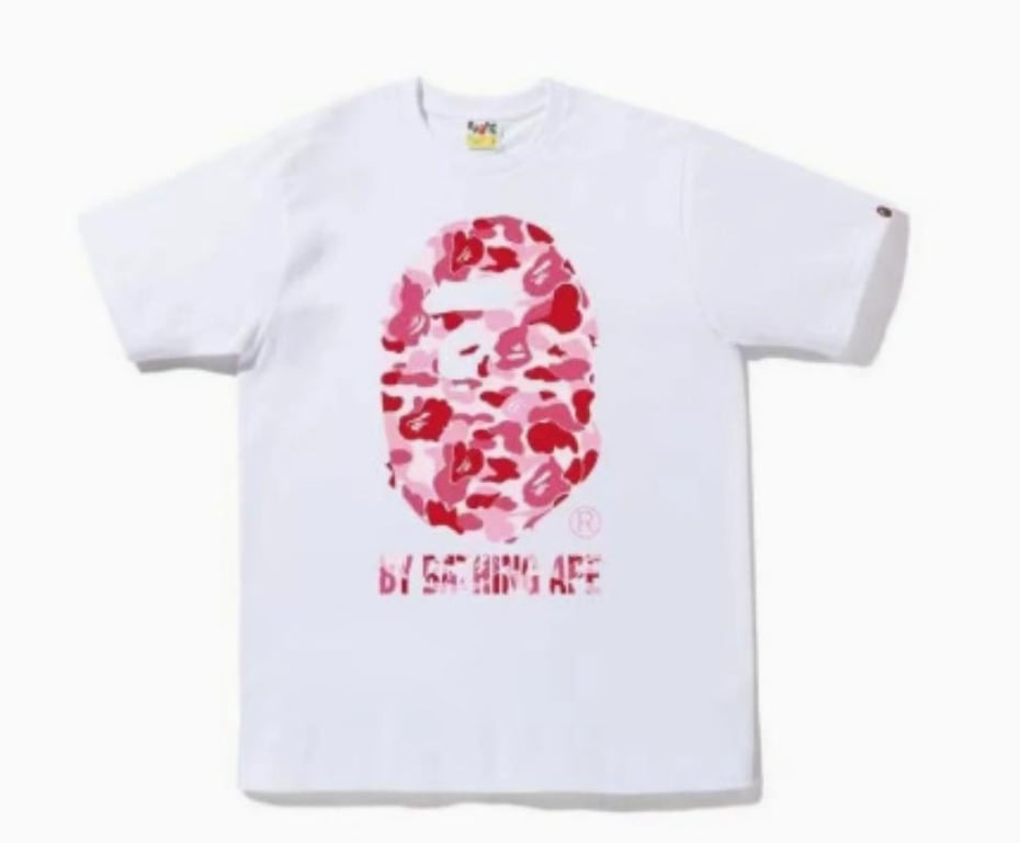 White BAPE T-Shirt with Pink Camo Ape Head and "BY BATHING APE" Logo