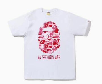 White BAPE T-Shirt with Pink Camo Ape Head and "BY BATHING APE" Logo