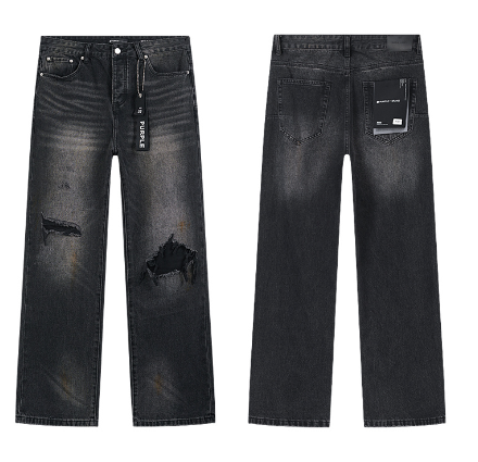 Black Washed Wide-Leg Denim Jeans with Knee Slits and Brown Gradient Fading