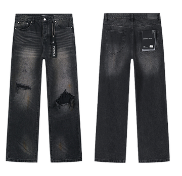 Black Washed Wide-Leg Denim Jeans with Knee Slits and Brown Gradient Fading