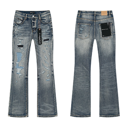 Light Blue Washed Flared Denim Jeans with Multi-Rip Distressing