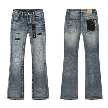 Light Blue Washed Flared Denim Jeans with Multi-Rip Distressing
