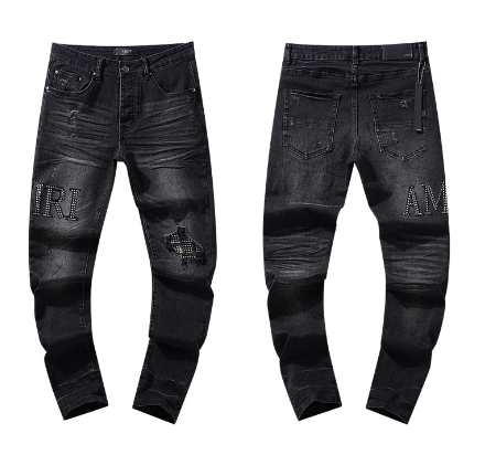 Black Washed Denim Jeans with Rhinestone AMIRI Logo and Distressing
