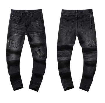 Black Washed Denim Jeans with Rhinestone AMIRI Logo and Distressing