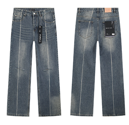 Light Blue Washed Wide-Leg Denim Jeans with Vertical Stitch and Knee Slit