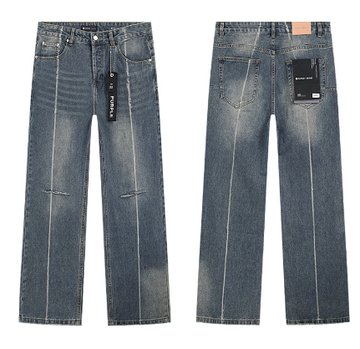 Light Blue Washed Wide-Leg Denim Jeans with Vertical Stitch and Knee Slit