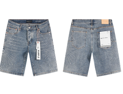 Light Blue Washed Denim Shorts with Rhinestone Sunburst Pattern