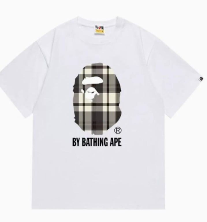 White BAPE Plaid Pattern Ape Head T-Shirt