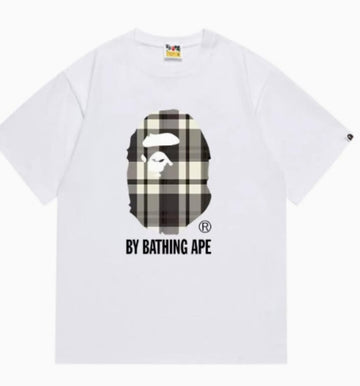 White BAPE Plaid Pattern Ape Head T-Shirt