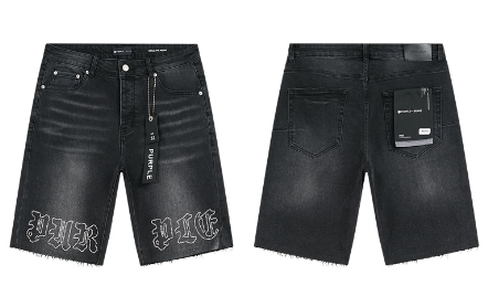 Black Denim Shorts with "PURPLE" Gothic Lettering Embroidery