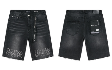 Black Denim Shorts with "PURPLE" Gothic Lettering Embroidery