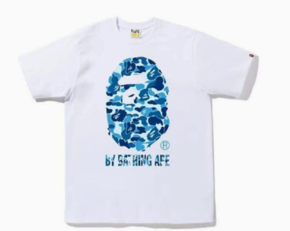 White BAPE T-Shirt with Blue Camo Ape Head and "BY BATHING APE" Logo