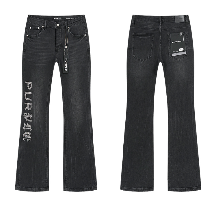 Black Washed Flared Denim Jeans with Rhinestone "PURPLE" Gothic Logo