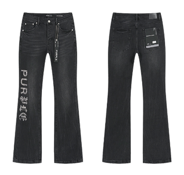 Black Washed Flared Denim Jeans with Rhinestone "PURPLE" Gothic Logo