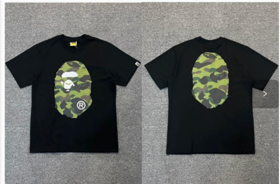 Black BAPE T-Shirt with Classic Green Camo Ape Head (Front & Back)