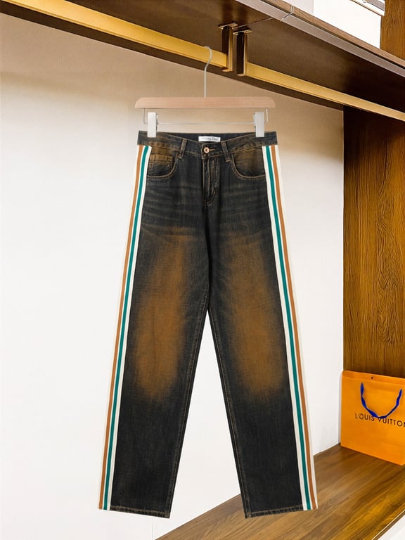 Dior Vintage Wash Denim Jeans with Green-Brown Stripe