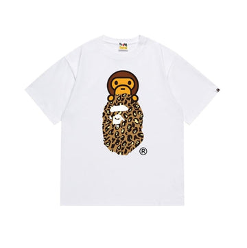 White BAPE T-Shirt with Leopard Print Ape Head and Baby Milo Print