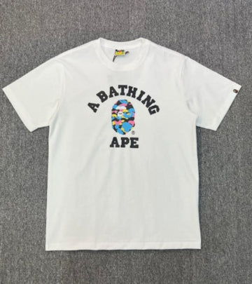 White BAPE College T-Shirt with Multicolor Camo Ape Head