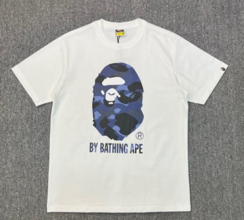 White BAPE T-Shirt with Blue Camo Ape Head and "BY BATHING APE" Logo