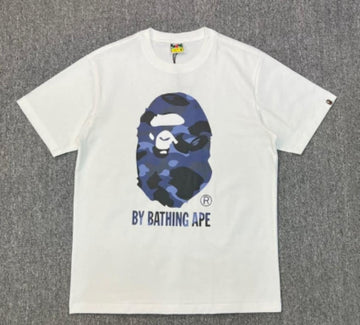 White BAPE T-Shirt with Blue Camo Ape Head and "BY BATHING APE" Logo